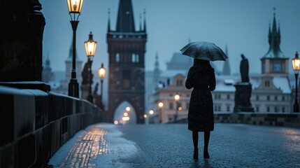 Silhouette of a girl in Charles bridge with historic buildings in the city of Prague, Czech...