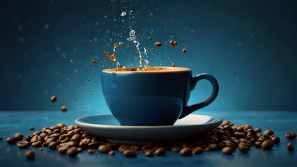 Cup of coffee splashing on a blue background. Empty space, place for text.