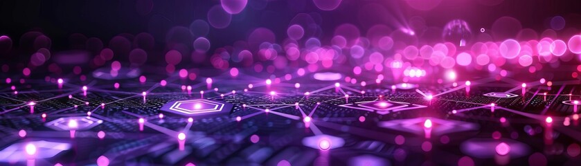 A beautiful abstract image of a computer chip with glowing pink and purple lights. The image is full of vibrant colors and has a futuristic feel.