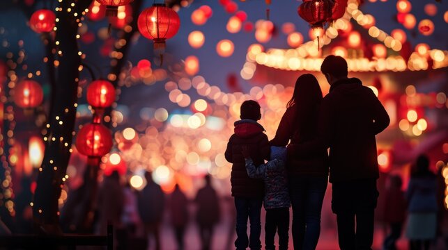 A happy family in lantern festival in street to celebrate Chinese lunar new year.