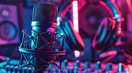 A close-up front view of a microphone and headphones in cyan and magenta neon light, with a broader studio scene.