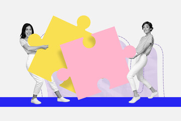 Creative image collage young two girls connect puzzles logic game teamwork cooperation colleagues...