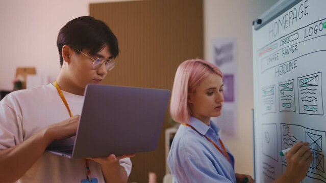 Team of web developers discussing website design, writing ideas on whiteboard