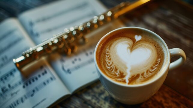 Coffee with heart shape latte art and music sheet flute on wooden table.