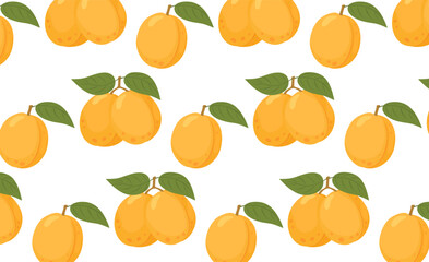 Seamless fruit pattern with apricots on a branch and green leaves. Summer ornament for gift paper, packaging, fabric, background