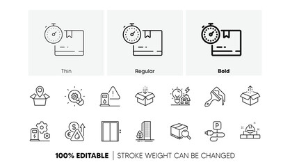 Package location, Fuel price and Cardboard box line icons. Pack of Search package, Petrol station, Building energy icon. Charging parking, Innovation, Charging station pictogram. Line icons. Vector