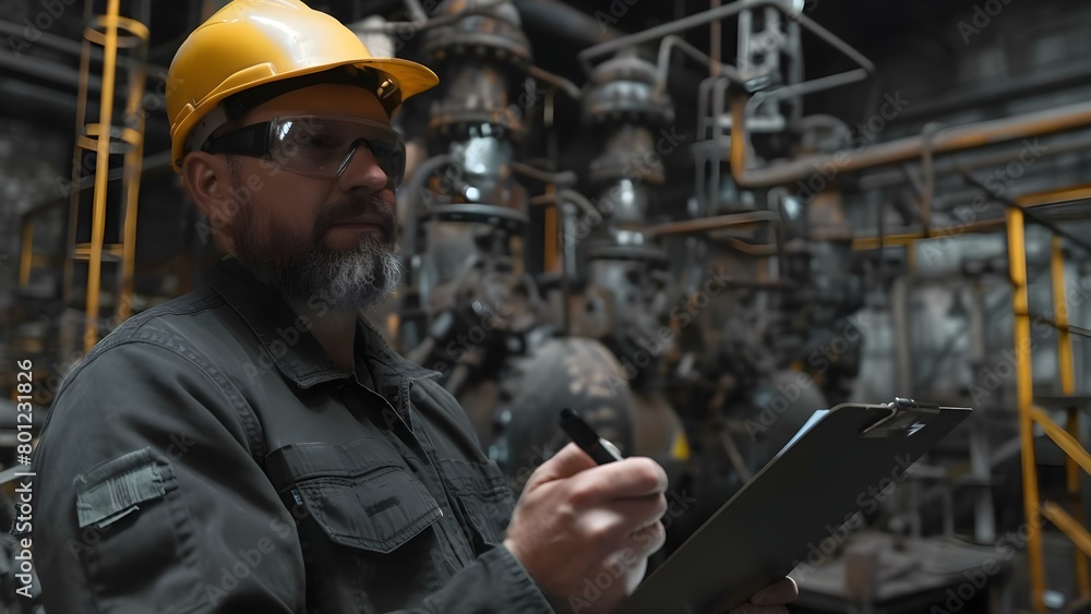 Poster engineer overseeing factory operations with clipboard in hand . concept engineering, factory operati