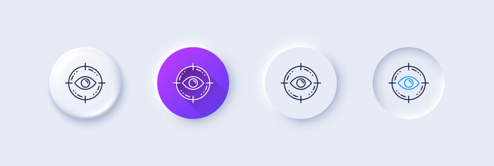 Eye target line icon. Neumorphic, Purple gradient, 3d pin buttons. Oculist clinic sign. Optometry vision symbol. Line icons. Neumorphic buttons with outline signs. Vector