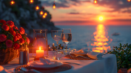 A dining table with plates, wine glasses, and silverware is set on a deck overlooking the ocean during a sunset. 