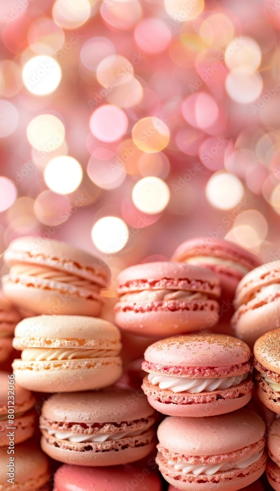 Poster colorful macaroons displayed with eastern pattern on blurred background, ample space for text