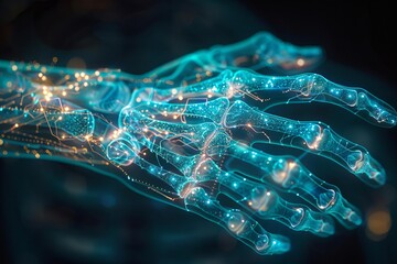 An illustration of a hand made of glowing blue light. The bones are visible through the skin, and the nerves are glowing brightly.