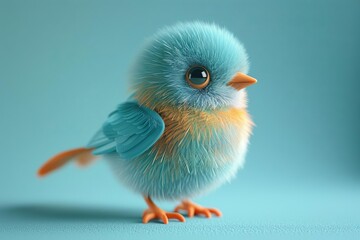 Create a 3D rendering of a cute and fluffy blue bird - obrazy, fototapety, plakaty