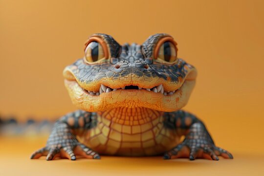Photo of a baby alligator with big eyes and a toothy grin.