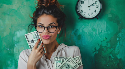 Woman with wallet dollar banknotes and alarm clock 