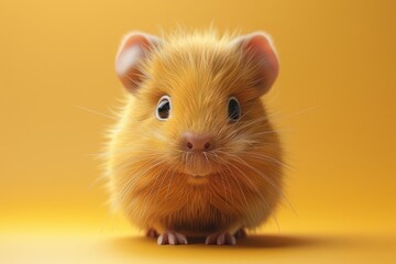 Photo of a cute, realistic guinea pig with golden fur and big black eyes. The guinea pig is sitting on a solid yellow background and looking at the camera.
