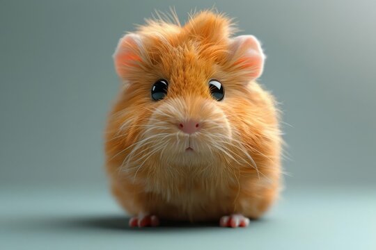 Photo of a cute, fluffy guinea pig with big eyes and a pink nose. The guinea pig is sitting on a white background and looking at the camera.
