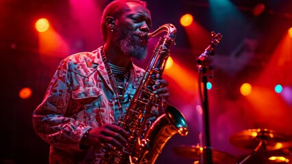 A male African American jazz performer plays the saxophone on stage.