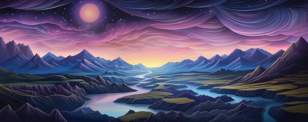 Fototapeta premium A beautiful landscape with a river running through it, surrounded by mountains and hills. The sky is a vibrant mix of colors, with a bright moon shining down.