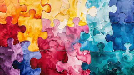 Interlocking puzzle pieces with a watercolor texture, symbolizing connection and diversity in a colorful, abstract design