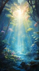 A beautiful painting of a lush forest with a sparkling stream running through it. The sun is shining brightly, creating a magical atmosphere.
