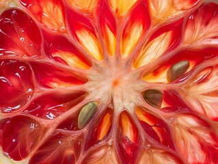Close-up view of a pomegranate cross-section, showcasing the vibrant red seeds and juicy texture.