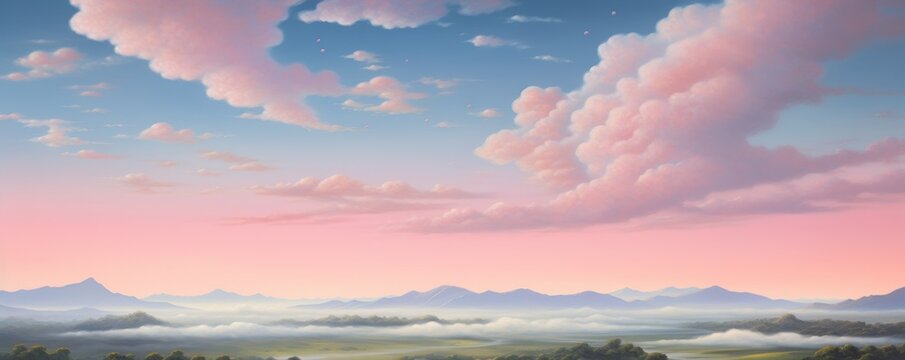 A beautiful painting of a sunset over a mountain range