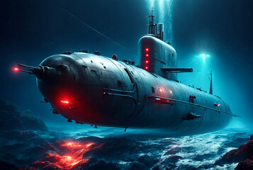 Military submarine with red lights sailing deep underwater. Submarine diving under water, military control of sea. Protection of water state borders. Naval forces military concept. Copy ad text space