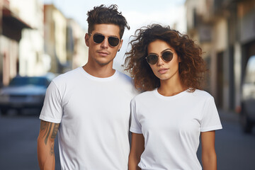 Man and woman wearing blank white t-shirt