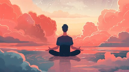 Serene Silhouette of Person Meditating Amid Tranquil Landscape with Calming Clouds and Reflective Waters Promoting Mindfulness and Emotional