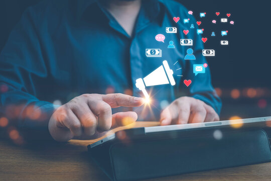 Affiliate marketing, Social networking service concept. Influencer marketing concept. Man use smartphone to use affiliate marketing on web social media network for referral partner program concept.