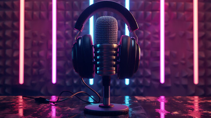 Frontal shot of mic and headphones, neon-lit, broader studio backdrop.