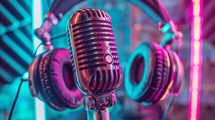 Microphone and headphones shine under cyan and magenta neon, close-up and broad studio view.