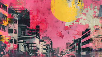 Generative AI, retro grunge pink and yellow collage poster with asian cityscape, different mixed textures