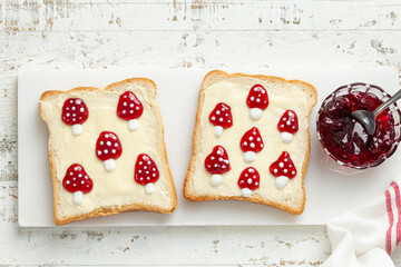 food art idea, toast with butter and strawberry jam