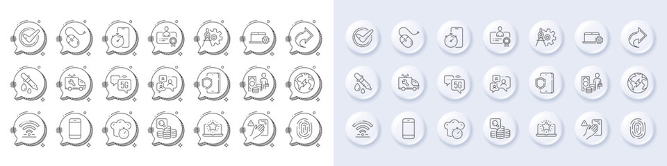 Notebook service, Fingerprint and Certificate line icons. White pin 3d buttons, chat bubbles icons. Pack of Cogwheel dividers, Smartphone, Confirmed icon. Vector