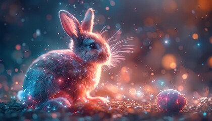 Obraz premium An easter greeting card design with a bunny and an easter egg in a digital tech style. Futuristic modern illustration with a light effect.