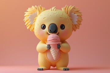 A cute and cuddly yellow koala is enjoying a delicious ice cream cone