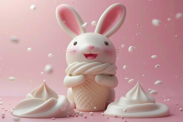 A cute ing of a white bunny holding a vanilla ice cream cone