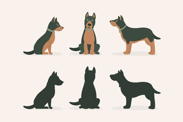 Collection of cartoon character dog in different poses and silhouettes.  Mongrel dog. Set of cute pet dog in the flat style. No breed doggy. Adorable domestic pet.