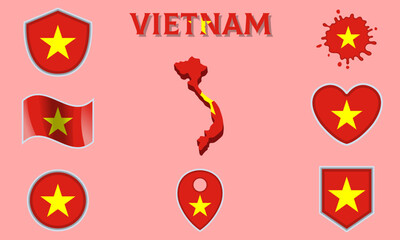 Collection of flat national flags of Vietnam with map