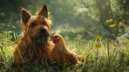 Canine Companions Intimate Moment with a Chicken A Pastoral Scene Radiating Warmth and Comfort