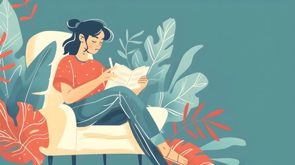 Woman journaling and reflecting on emotions and thoughts in a cozy nature inspired setting with vibrant colors and whimsical