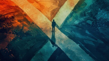 Person standing at crossroads in a stylized, collage style illustration, facing the challenge of making a decision about life, career, and future direction. Choices in personal growth