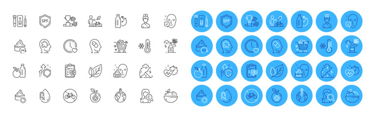No alcohol, Uv protection and Eye checklist line icons pack. Eco bike, Stress protection, Improving safety web icon. Face accepted, Leaf, Fitness water pictogram. Bicycle prohibited. Vector