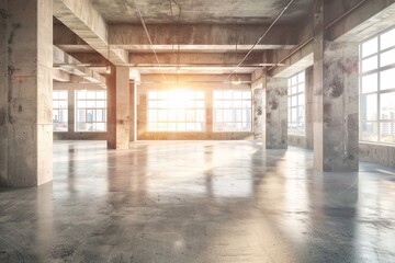 Modern loft style space with polished concrete floors, walls and ceiling with large windows.