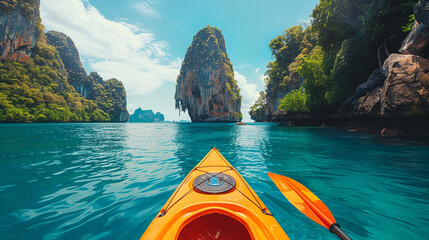 A vibrant yellow kayak floats in the calm, crystal-clear waters of a tropical ocean, surrounded by towering limestone cliffs and lush greenery, reflecting an essence of adventure and tranquility.