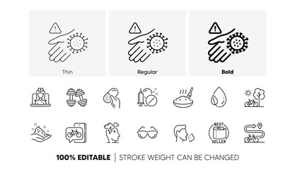Eyeglasses, Skin care and Bike app line icons. Pack of Telemedicine, Bicycle, Dumbbells icon. Leaf dew, Capsule pill, Porridge pictogram. Toilet paper, Wash hand, Bike path. Stress. Line icons. Vector