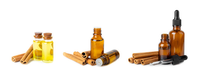 Cinnamon aromatic essential oil and cinnamon sticks isolated on white background. Aromatherapy....