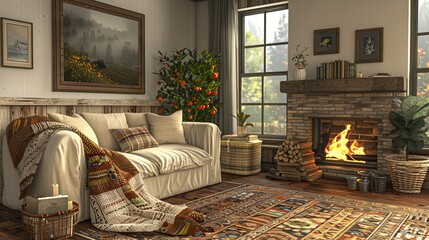 Cozy Living Room Homey Feel: A 3D illustration portraying the homey feel of a cozy living room