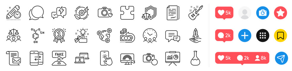 Video conference, Creative idea and Presentation line icons pack. Social media icons. Justice scales, Lightning bolt, Recovery photo web icon. Vector